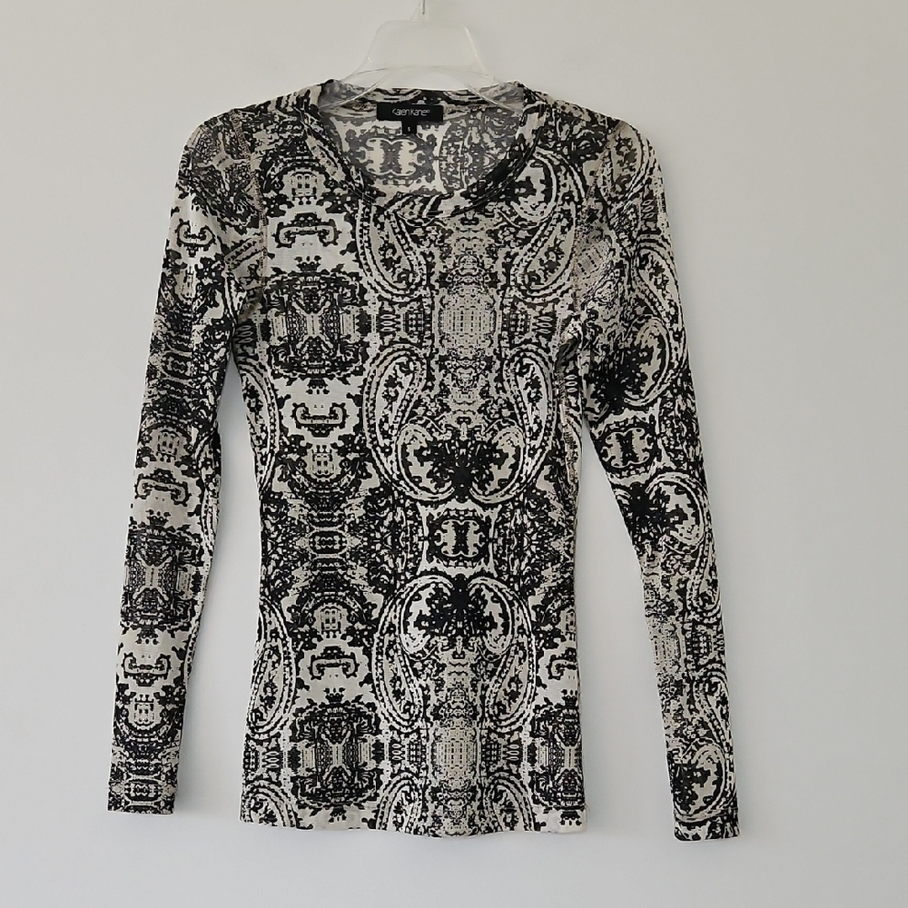 Karen Kane Long Sleeve Mesh Crewneck Shirt Y2K‎ Black White Size Small